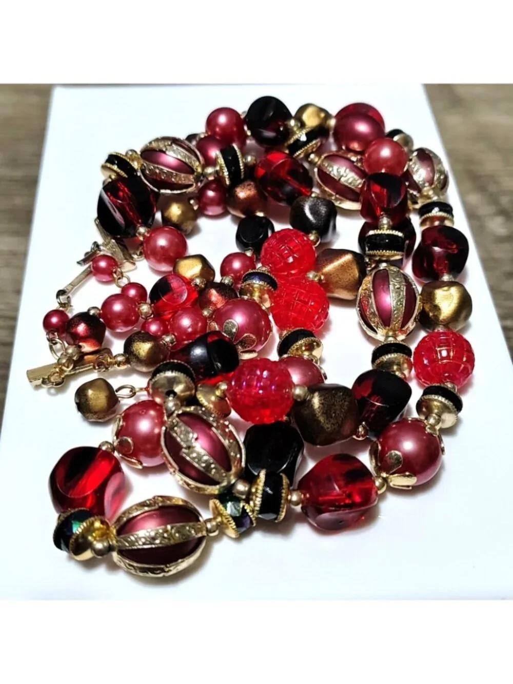 Vtg Vendome Style Red Gold Multicolor Beaded Necklace Double Strand Statement